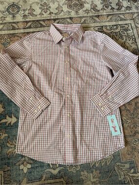 Cat & Jack boys orange, White & blue Check plaid button up Dress Shirt